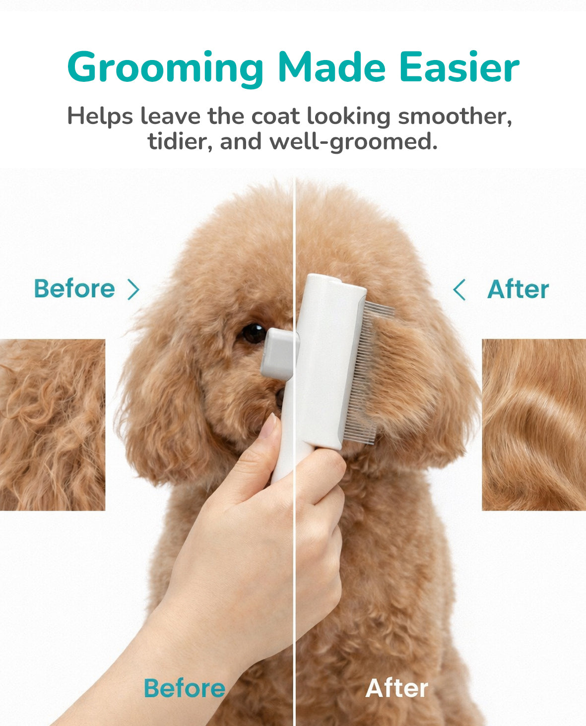 Fido Fave Self-Cleaning One-Button Hair Release Deshedding Comb with Comfortable Handle for Dogs & Cats, White