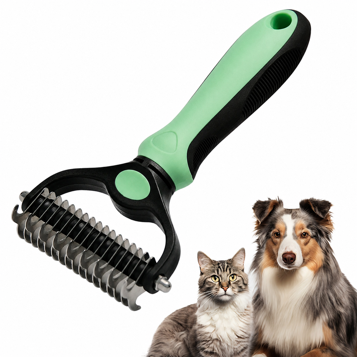 Fido Fave double-sided undercoat rake for dogs and cats, green