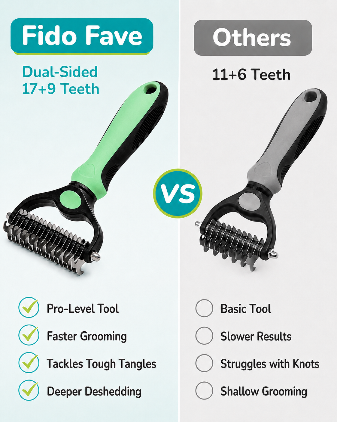 Side by side with a competitor tool — the mint green-handled rake's 17 and 9 teeth against a grey one's 11 and 6