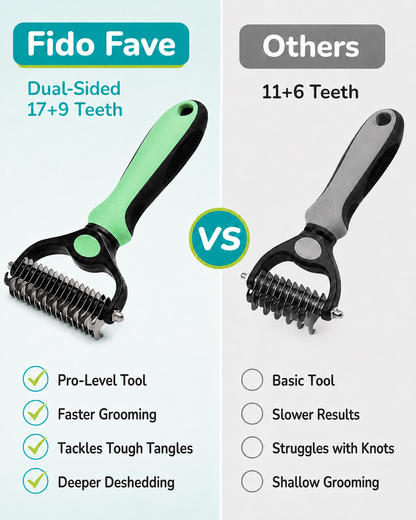 Side by side with a competitor tool — the mint green-handled rake's 17 and 9 teeth against a grey one's 11 and 6