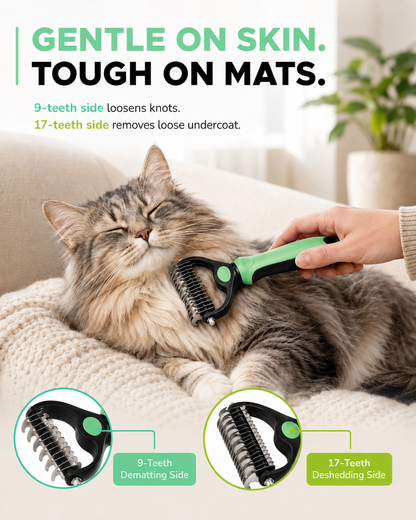 Cat groomed on a sofa with the mint green-handled rake, insets labelling the 9-teeth dematting side and the 17-teeth deshedding side