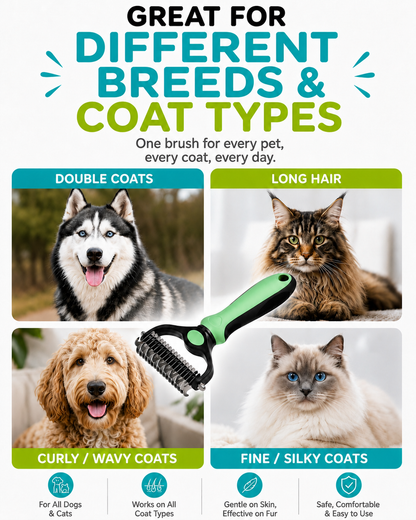 Four coat types — double-coated husky, long-haired Maine Coon, curly goldendoodle and fine-coated ragdoll — around the mint green-handled undercoat rake