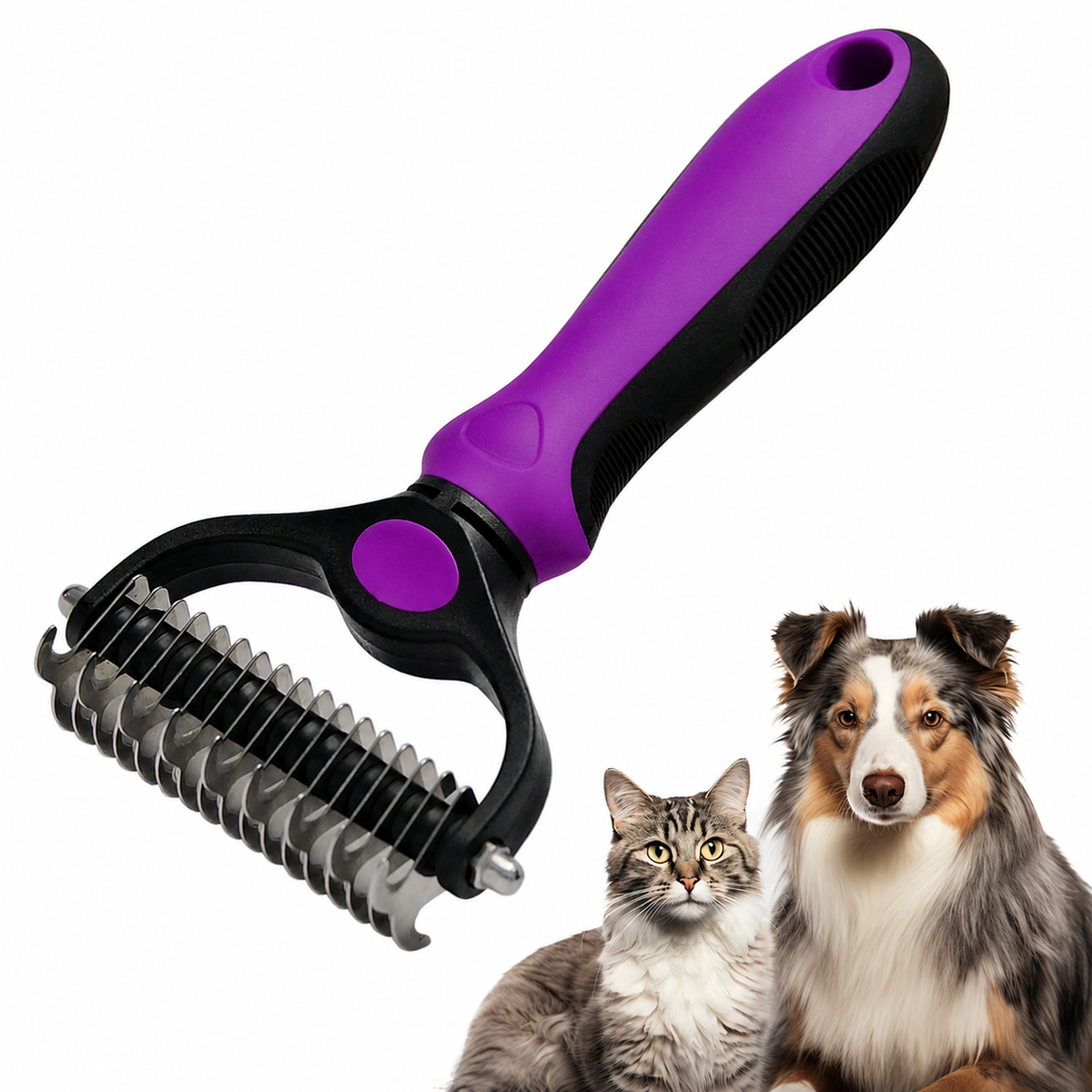 Fido Fave double-sided undercoat rake for dogs and cats, purple