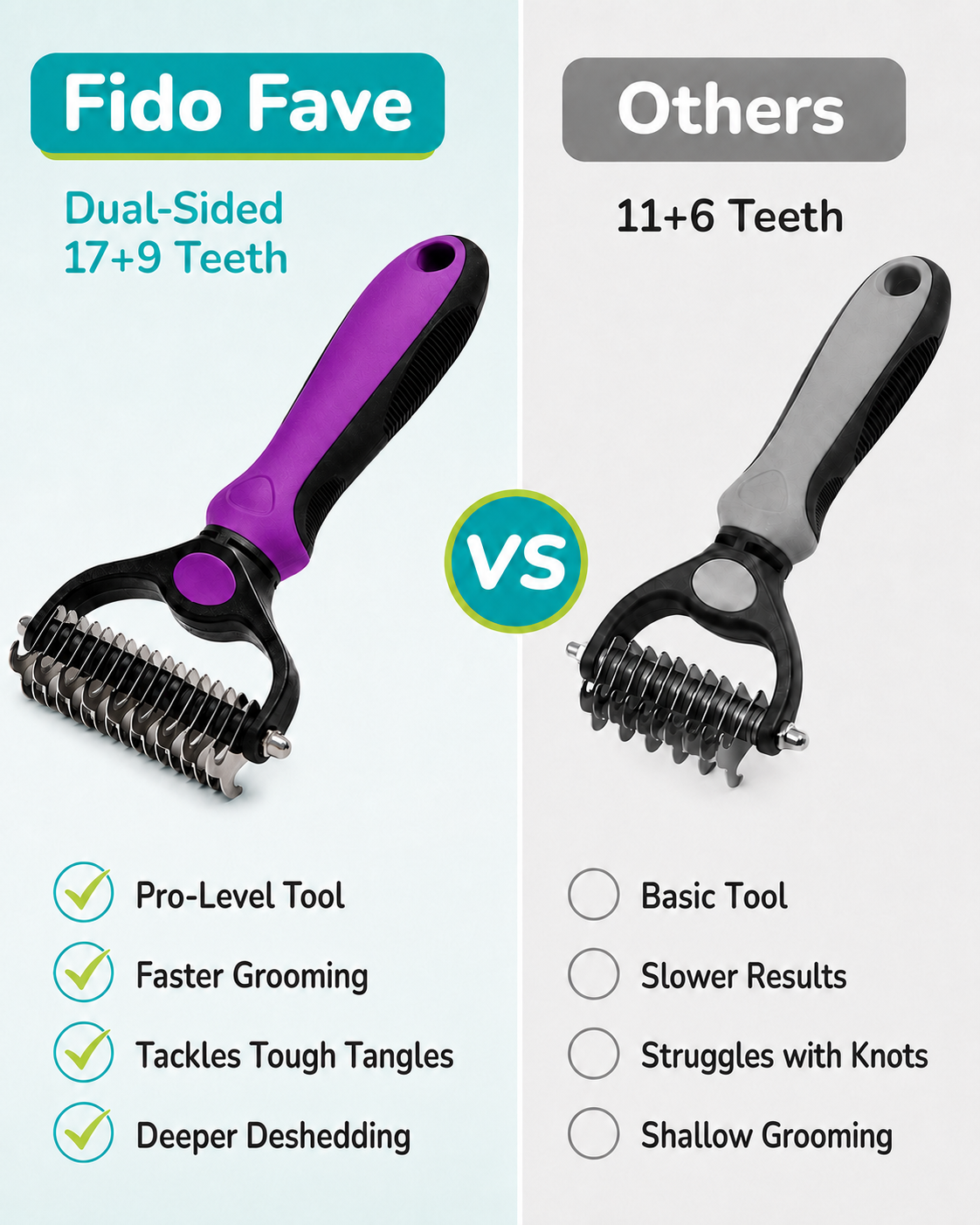 Side by side with a competitor tool — the purple-handled rake's 17 and 9 teeth against a grey one's 11 and 6