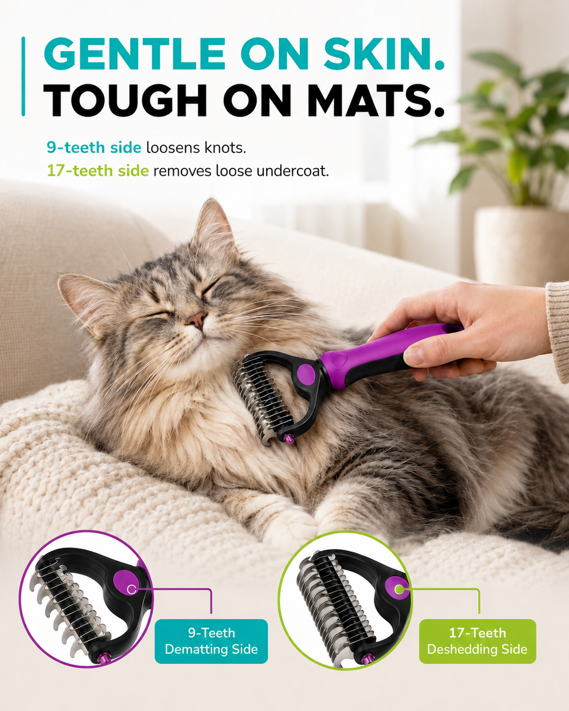 Cat groomed on a sofa with the purple-handled rake, insets labelling the 9-teeth dematting side and the 17-teeth deshedding side