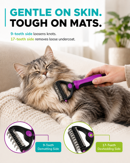Cat groomed on a sofa with the purple-handled rake, insets labelling the 9-teeth dematting side and the 17-teeth deshedding side