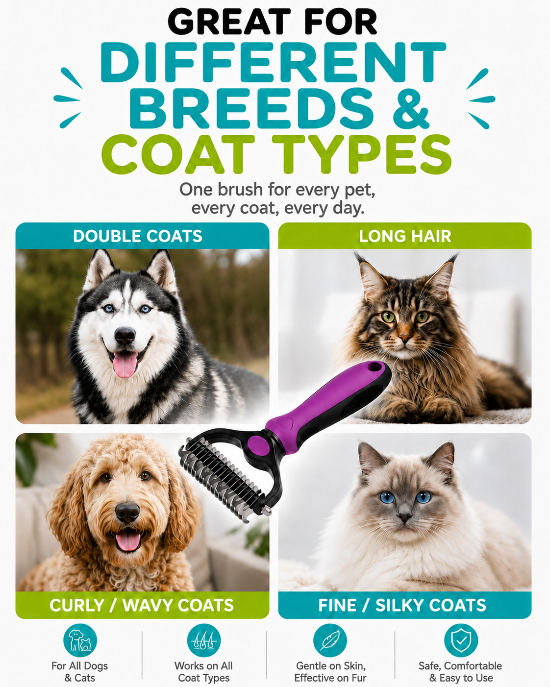 Four coat types — double-coated husky, long-haired Maine Coon, curly goldendoodle and fine-coated ragdoll — around the purple-handled undercoat rake