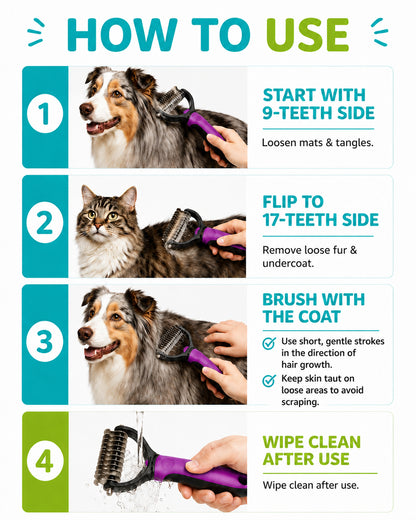 Four use steps with the purple-handled rake — start on the 9-teeth side, flip to the 17-teeth side, brush with the coat, wipe clean