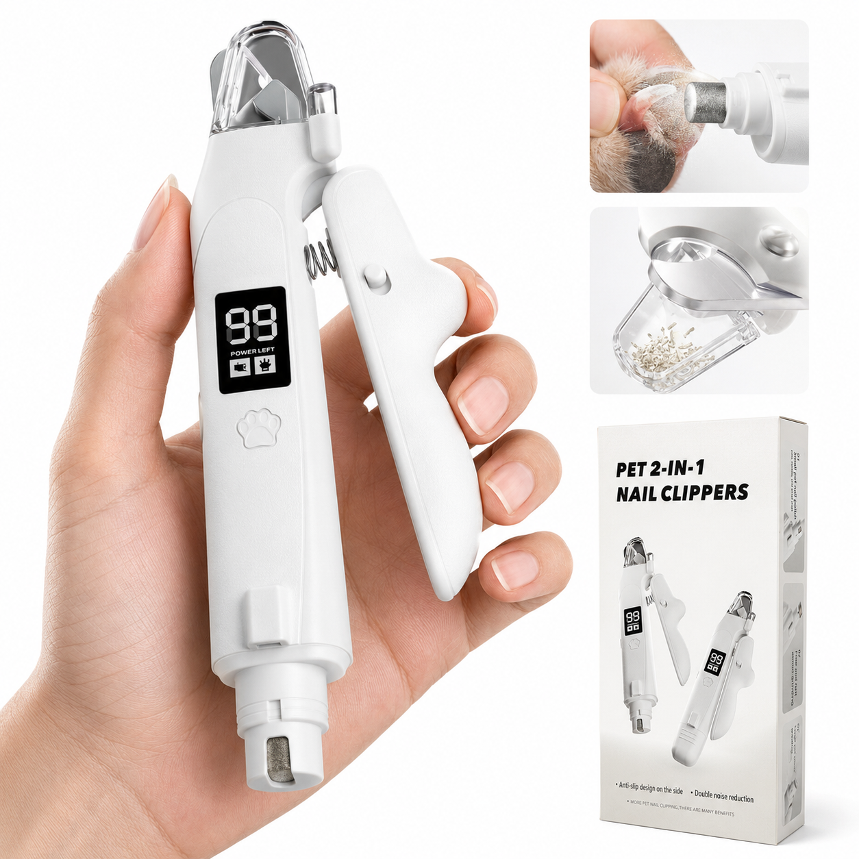 Fido Fave 2-in-1 dog and cat nail clippers with light, grinder end, battery display and nail catcher