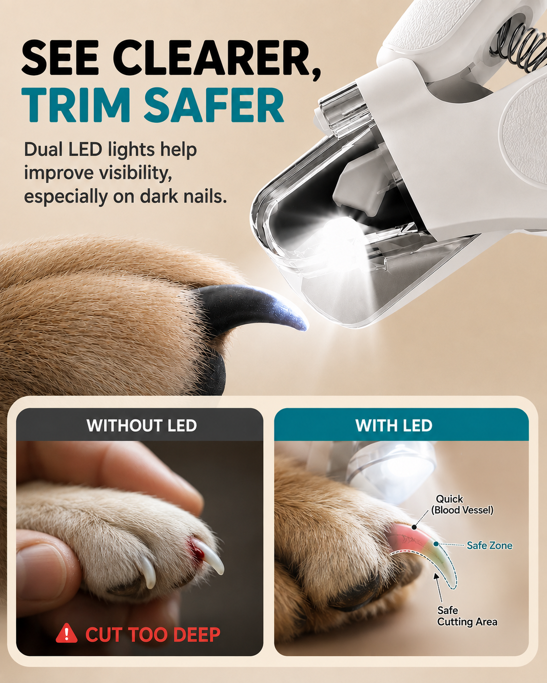 Dual LED lights illuminate the nail tip to help see the quick on dark nails