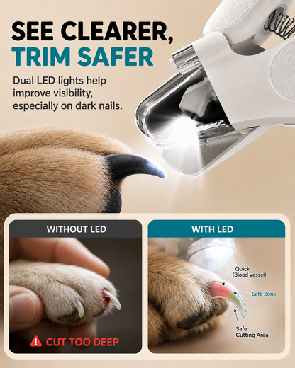 Dual LED lights illuminate the nail tip to help see the quick on dark nails