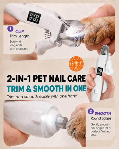 2-in-1 pet nail care: clip the length, then smooth the edge with the grinder
