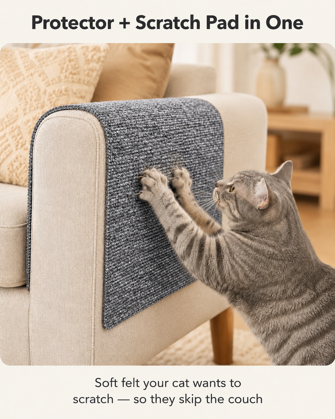 Cat scratch mat protecting a sofa arm and serving as a scratch pad