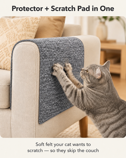 Cat scratch mat protecting a sofa arm and serving as a scratch pad