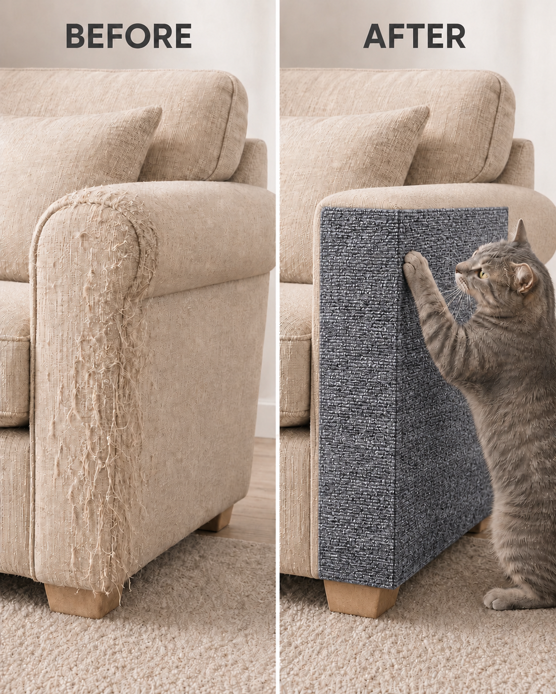 Before and after furniture protection with the felt cat scratch mat