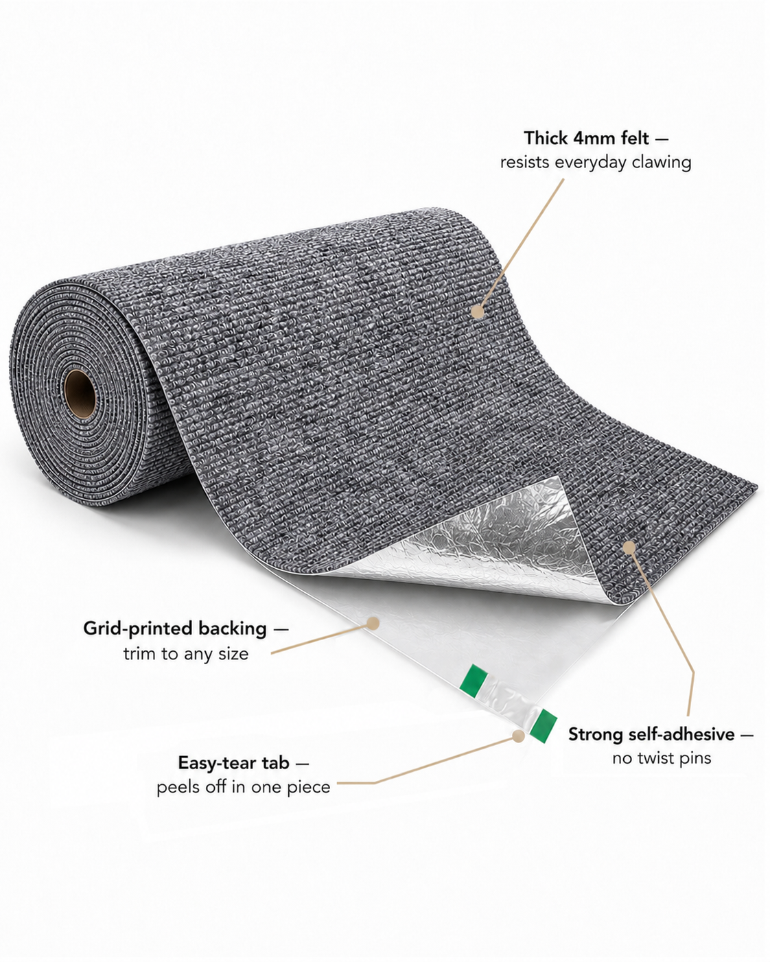 4mm felt cat scratch mat with grid backing, easy-tear tab and strong adhesive