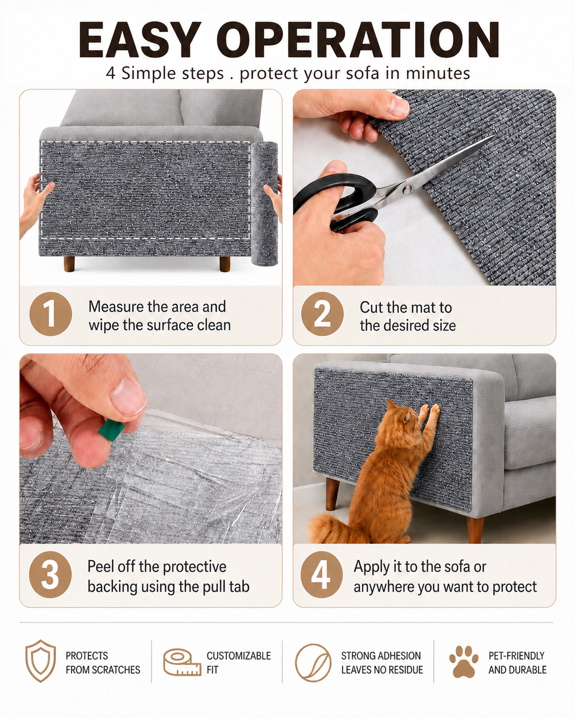 Four steps to measure, trim, peel and apply the cat scratch mat