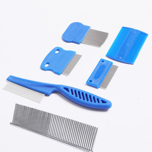 Fido Fave 2-in-1 Pet Grooming Comb Set – 5-Pack Stainless Steel Dog & Cat Combs with Metal Dual-Sided Detangling Comb – Tear Stain Remover, Flea & Lice Grooming for All Coat Types