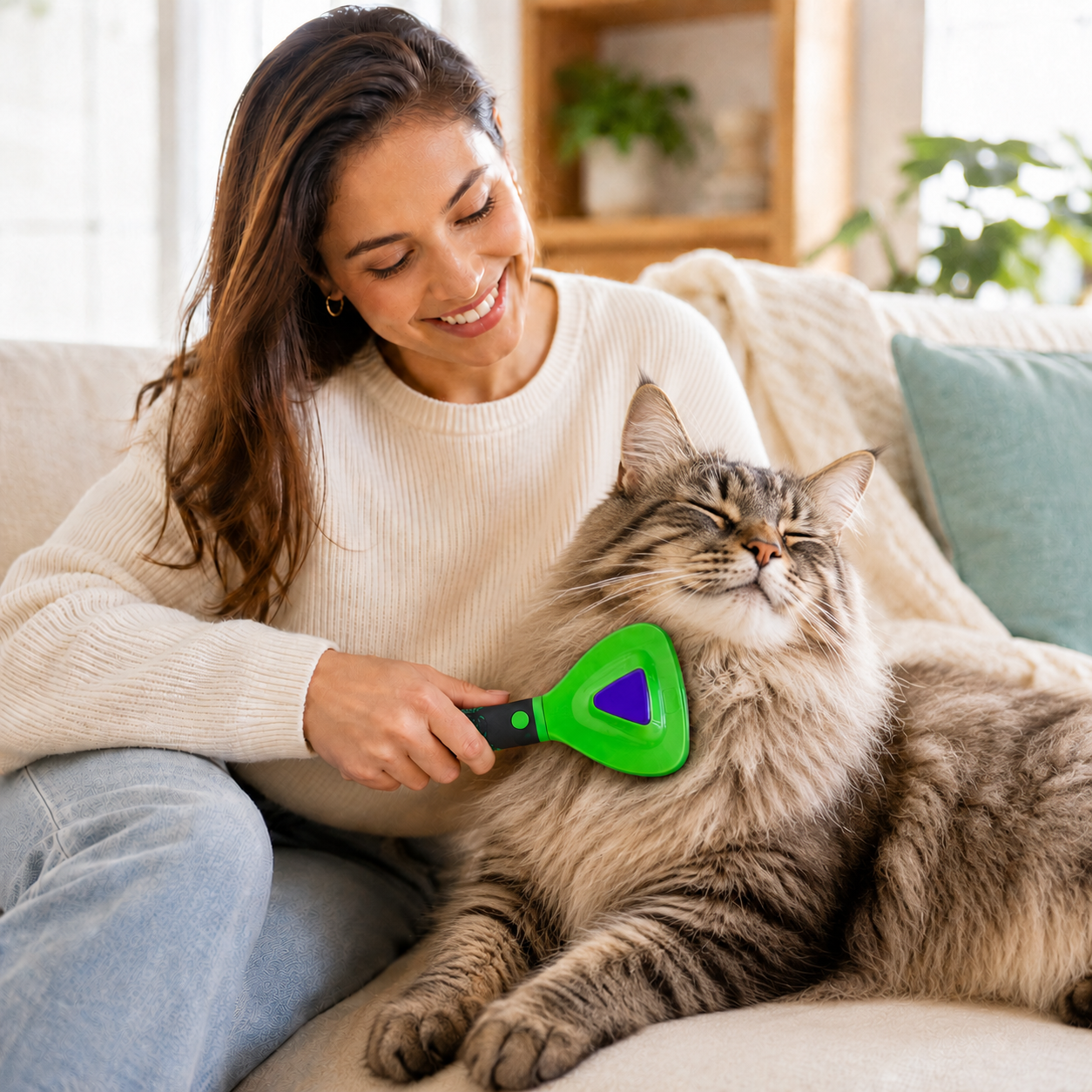 Pet parent grooming a happy cat with Fido Fave slicker brush