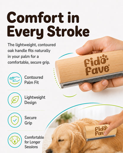 Contoured oak handle of the deshedding brush held in a palm for a comfortable, secure grip