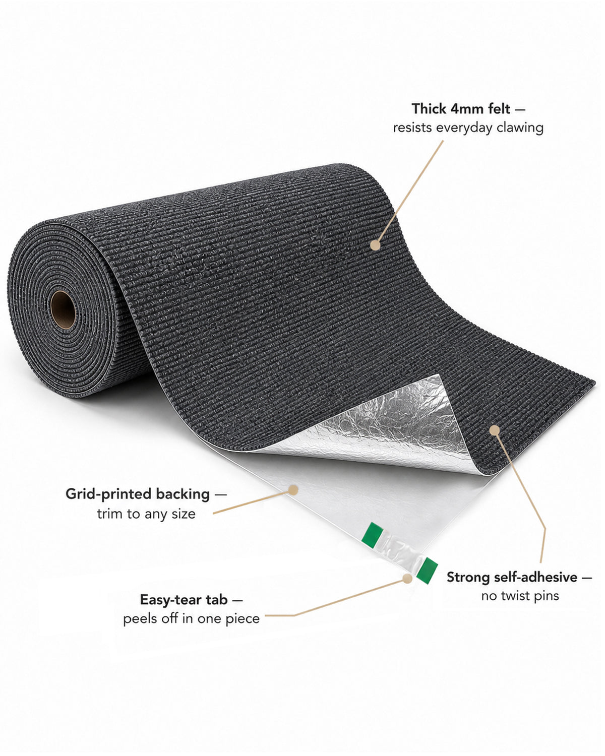 Peeling the easy-tear liner tab off the self-adhesive cat scratch mat
