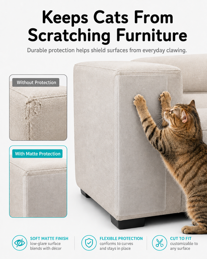 Sofa corner with and without the matte protector, showing claw damage on the unprotected side