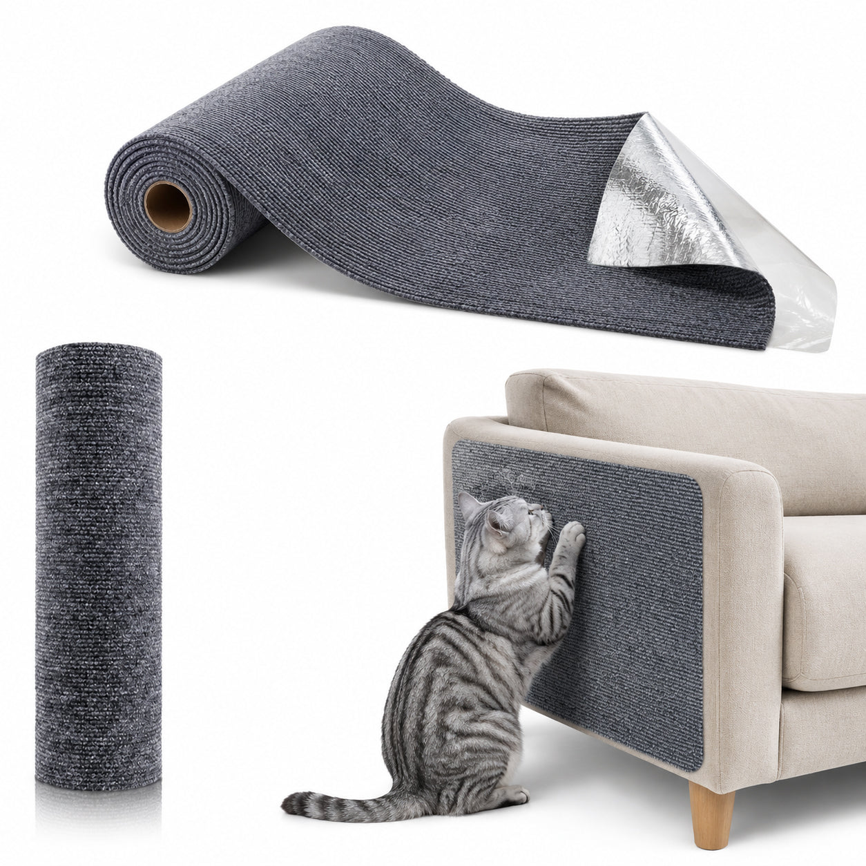 Fido Fave felt cat scratch mat and self-adhesive furniture protector roll in light gray