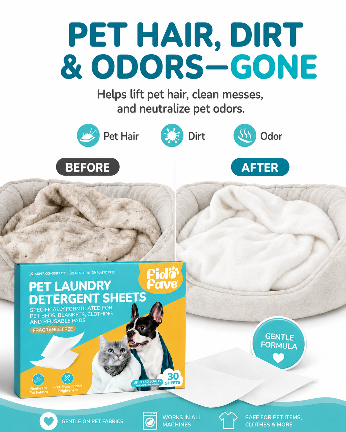 Pet Laundry Detergent Sheets — Enzyme Odor Removal, 60 Loads
