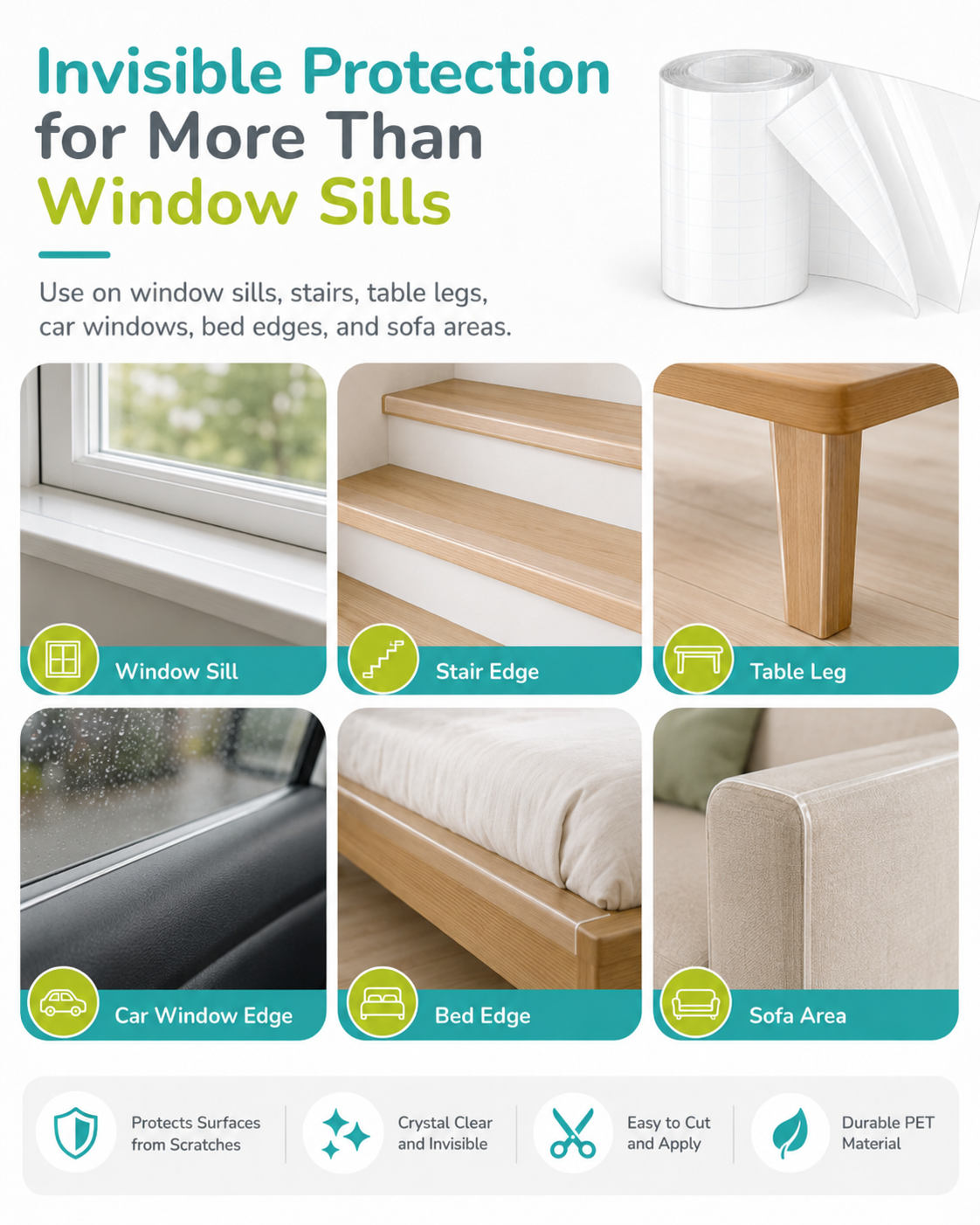 Thick 0.075 mm clear PET film resists cat claws on the windowsill
