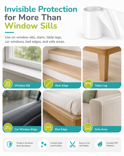 Thick 0.075 mm clear PET film resists cat claws on the windowsill