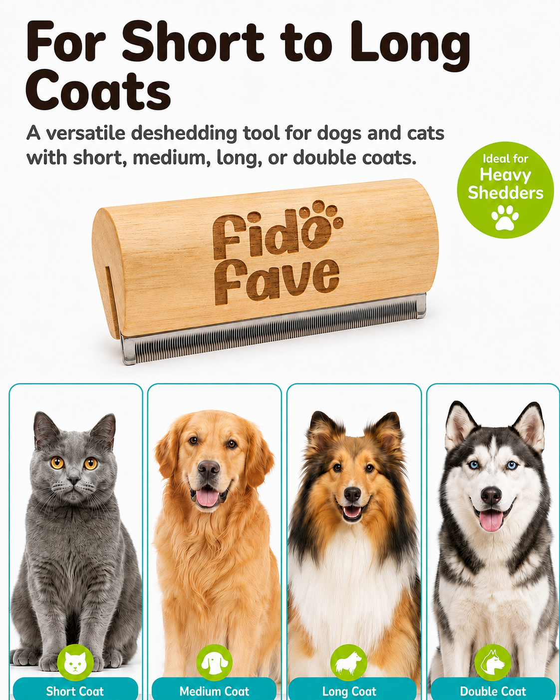 Deshedding brush for dogs and cats with short, medium, long, or double coats