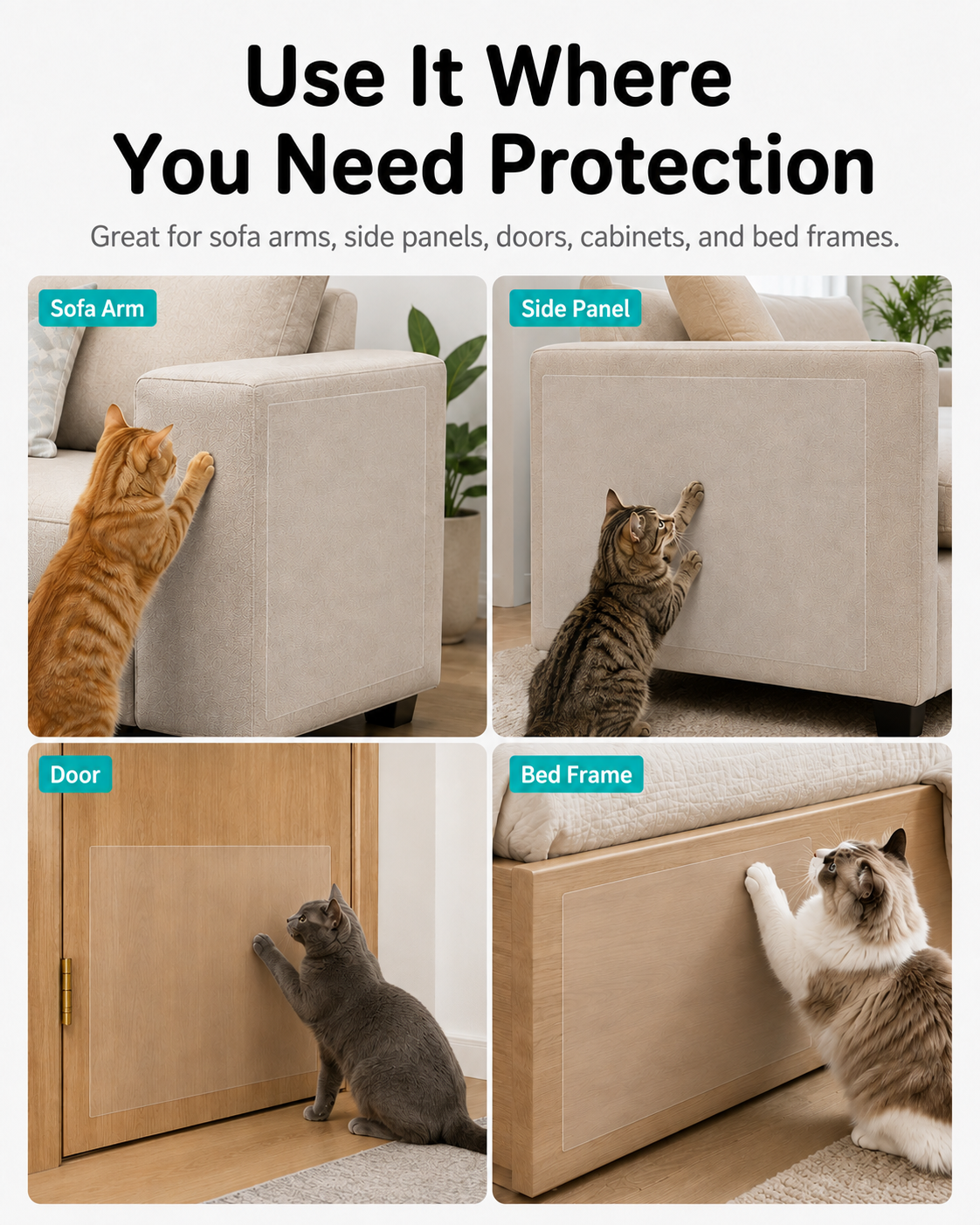 Cat scratch protector applied to a sofa arm, sofa side panel, wooden door and bed frame