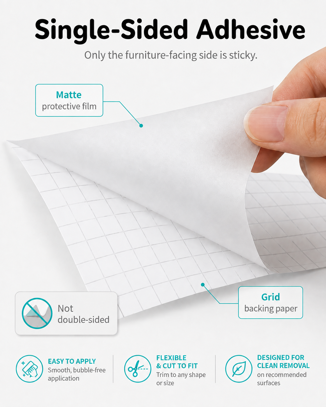 Single-sided adhesive design: matte protective film peeled back from the grid backing paper, not double-sided tape