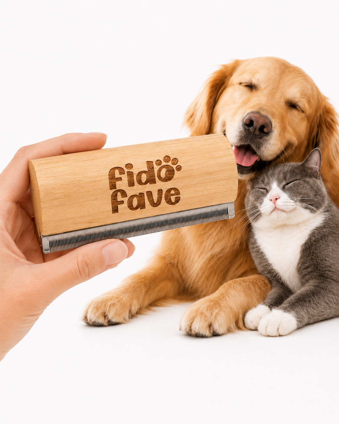 Hand holding the Fido Fave deshedding brush with its oak handle, beside a golden retriever and a grey cat