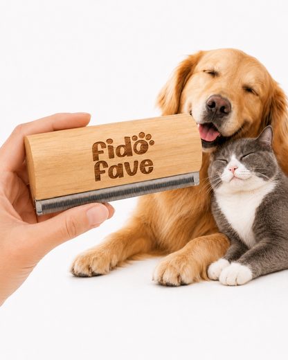 Hand holding the Fido Fave deshedding brush with its oak handle, beside a golden retriever and a grey cat