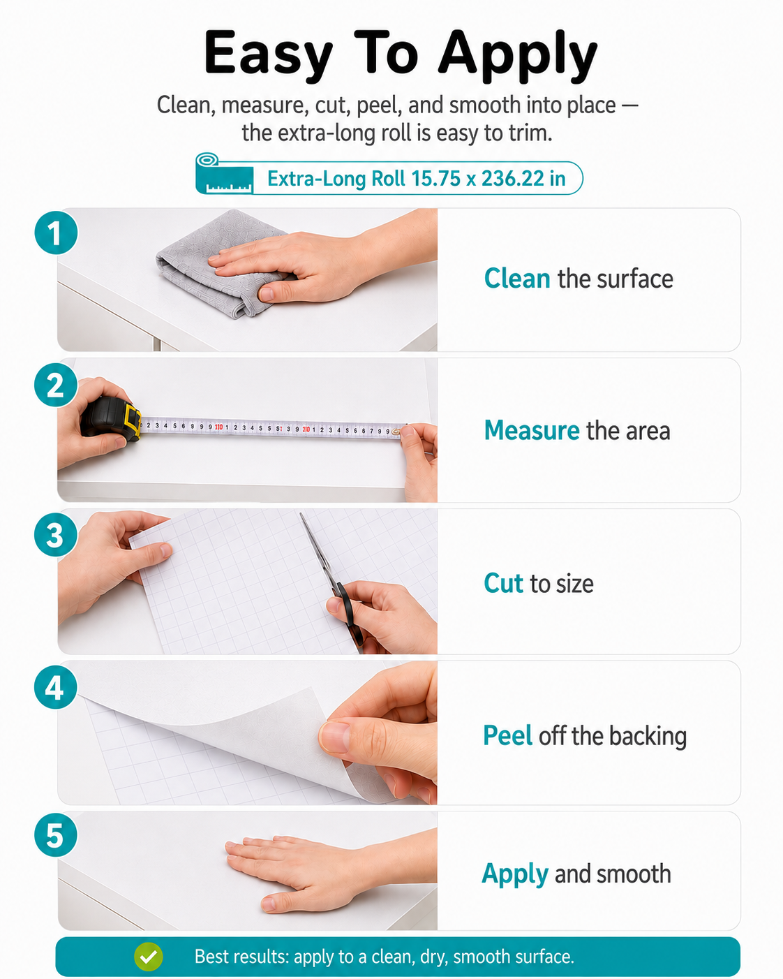 Five application steps for the extra-long 15.75 x 236.22 in roll: clean, measure, cut, peel and smooth