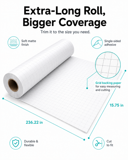 Extra-long roll dimensions 236.22 x 15.75 in, soft matte finish, single-sided adhesive and grid backing paper