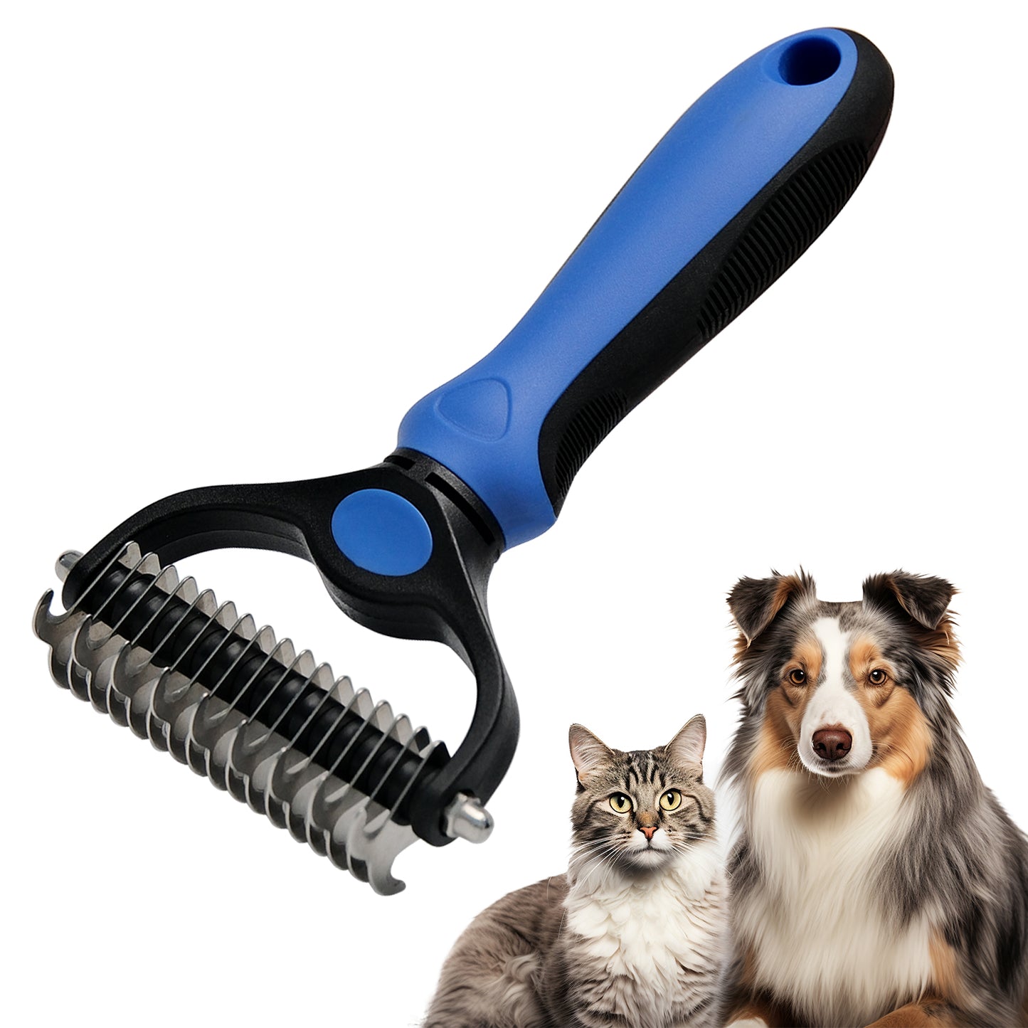 Fido Fave double-sided undercoat rake for dogs and cats, blue