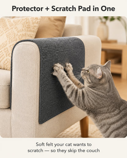 Cat scratch mat protecting a sofa arm from cat scratching