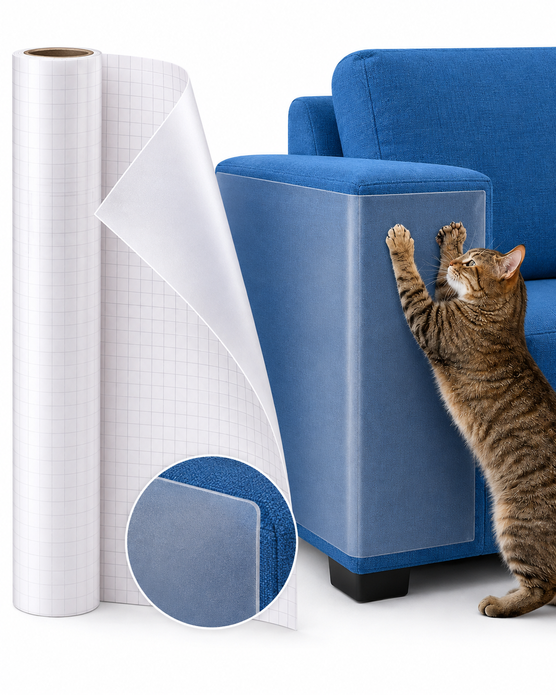 Fido Fave matte cat scratch furniture protector tape roll, 15.7 x 118 in, with a cat pawing a protected sofa arm