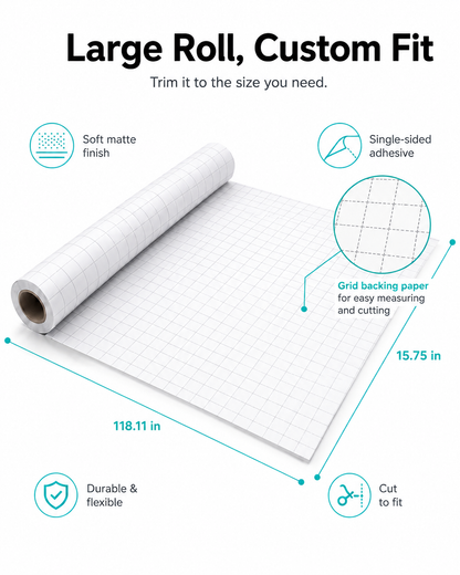 Roll dimensions 118.11 x 15.75 in, soft matte finish, single-sided adhesive and grid backing paper for cutting to fit