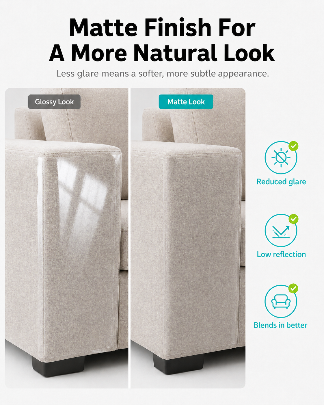 Glossy versus matte furniture protector side by side, showing reduced glare and lower reflection on the matte version