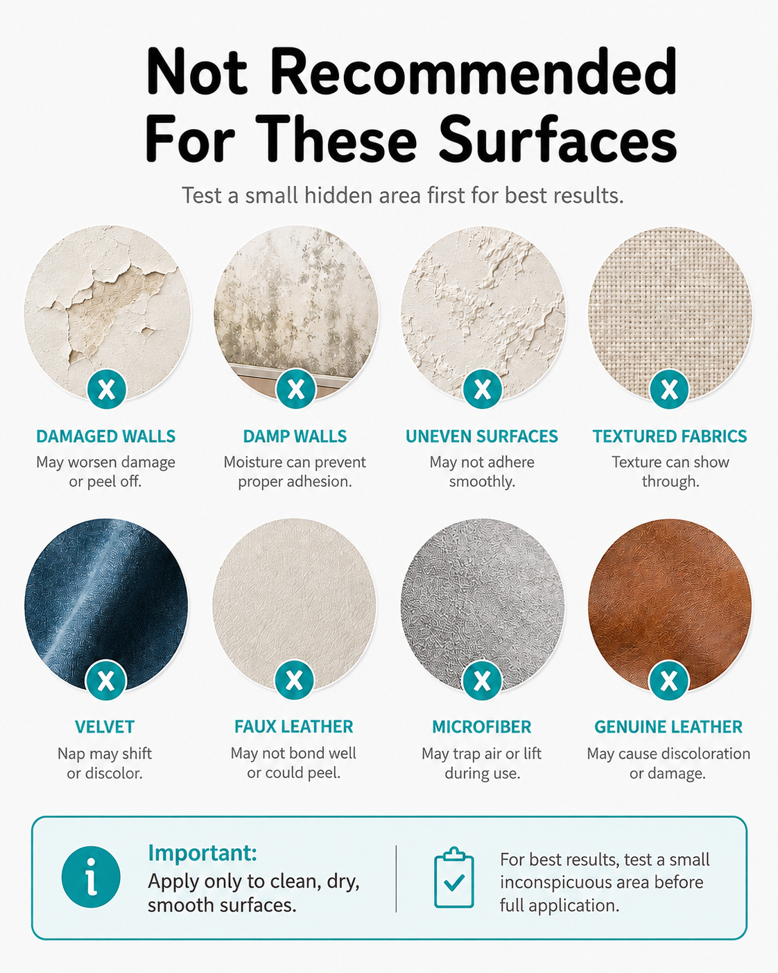 Surfaces not recommended: damaged, damp or uneven walls, textured fabrics, velvet, faux leather, microfiber and genuine leather