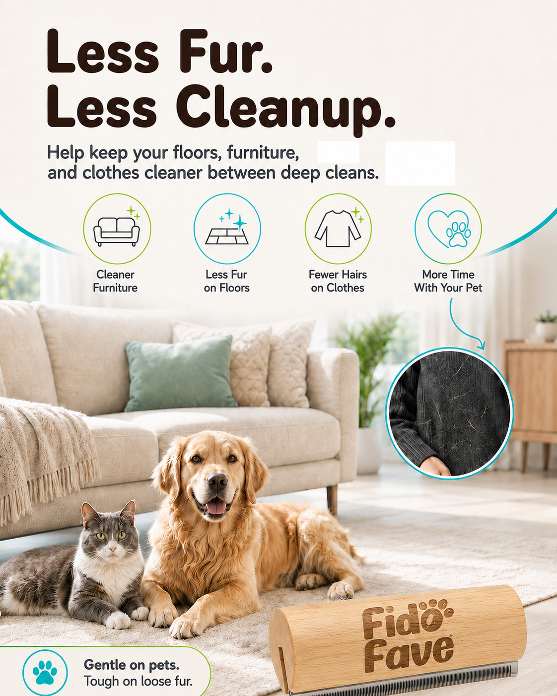 Deshedding brush in a living room with a dog and cat — less pet hair on furniture, floors, and clothes