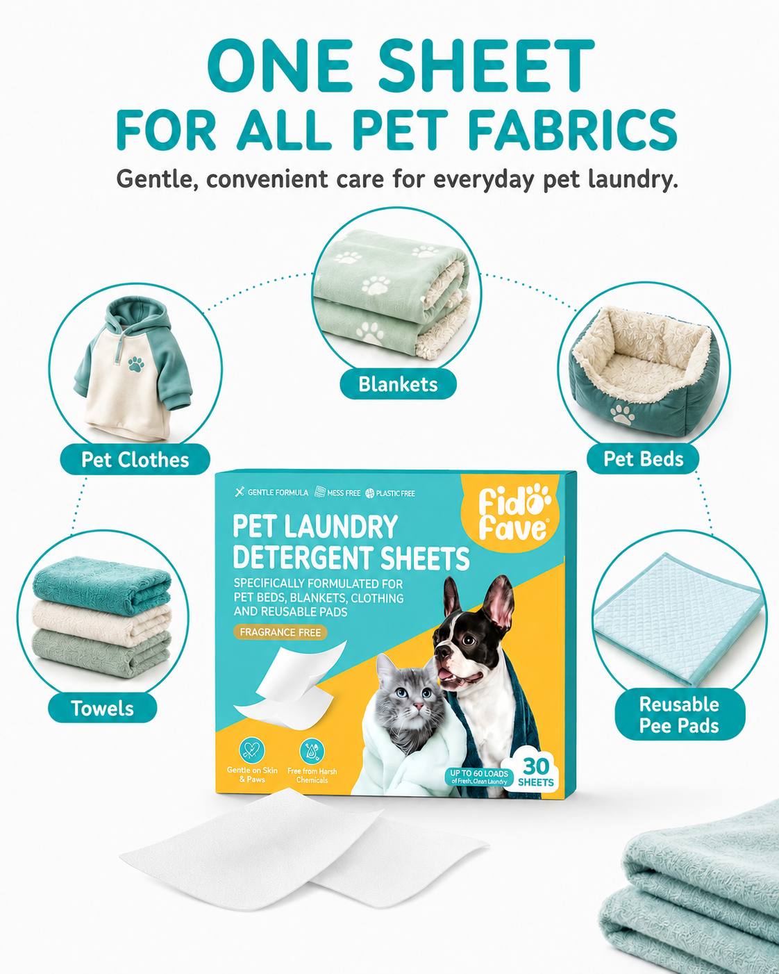 Pet Laundry Detergent Sheets — Enzyme Odor Removal, 60 Loads