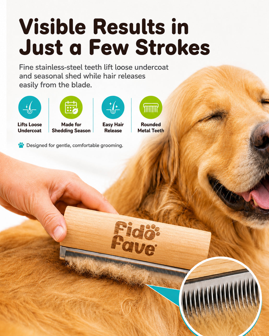 Fine stainless-steel teeth of the deshedding brush lifting loose undercoat from a dog's coat