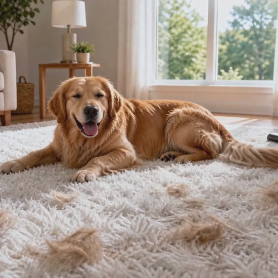 Fido Fave carpet rake for high-pile and shag rugs demo — rubber side and metal side lifting trapped pet hair from long fibers