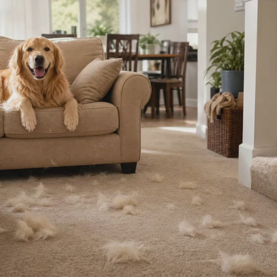 Fido Fave Xtra + Max carpet rake bundle demo — the Xtra clearing pet hair from a rug in wide sweeps, the Max for edges and touch-ups