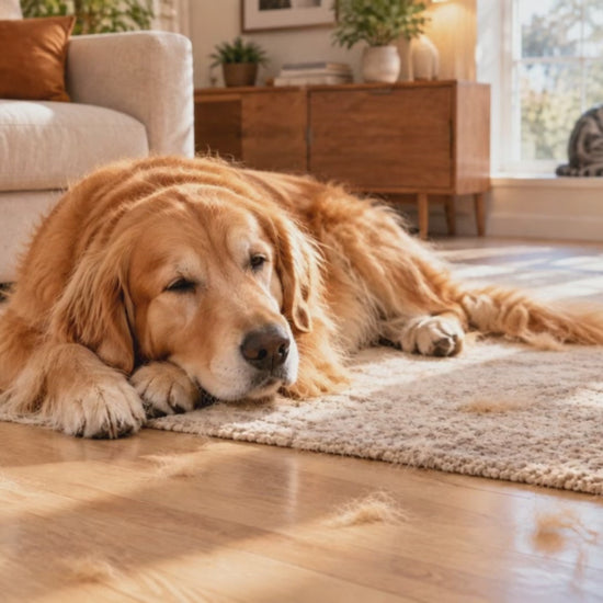 Fido Fave self-cleaning slicker brush demo — 220 rounded stainless-steel pins brushing loose fur from a cat and a golden-coated dog, with the brush shown in several colors