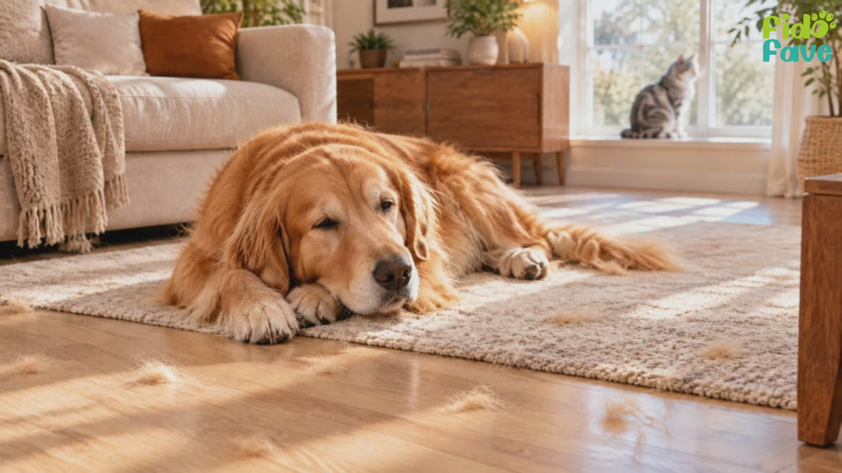 Fido Fave self-cleaning slicker brush demo — 220 rounded stainless-steel pins brushing loose fur from a cat and a golden-coated dog, with the brush shown in several colors